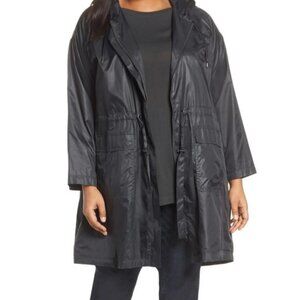 EILEEN FISHER Jacket Size 1X Recycled Nylon Black Hood Cinched Waist Windbreaker